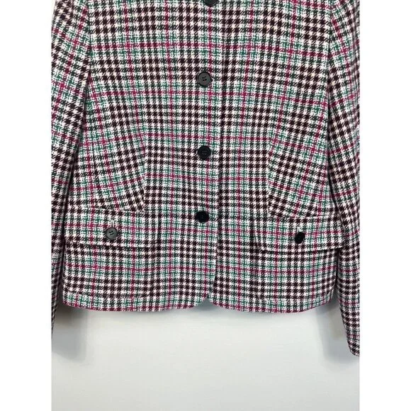 Talbots Blazer Womens 14 Pink Green Blue Houndstooth Collarless Wool Pockets - Picture 4 of 12